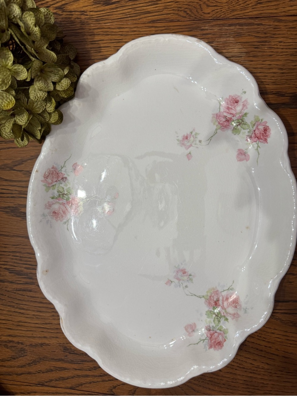 Vintage White Porcelain Serving Platter with Pink Rose Pattern